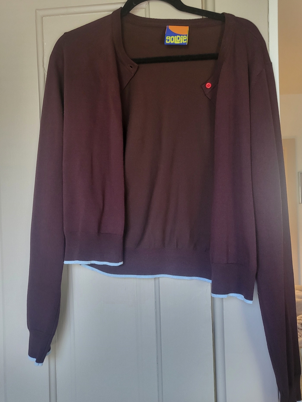 Goldie Brown Lightweight Women's Cardigan with Red Button Accent